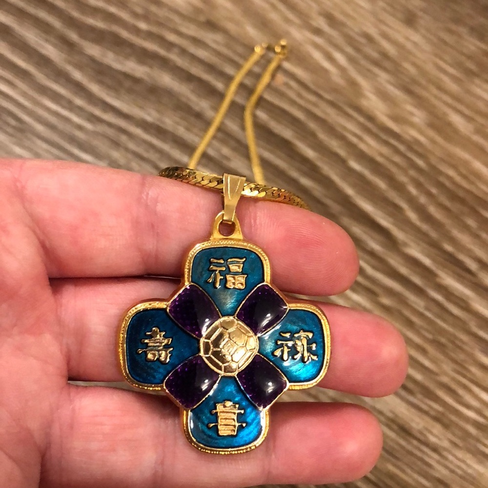 Chinese/Japanese? Enamel purple blue gold tone necklace